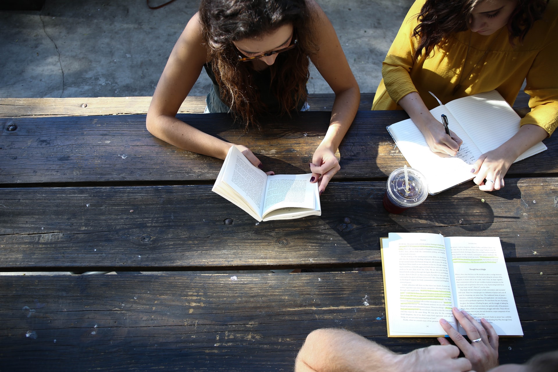 reading at a table
