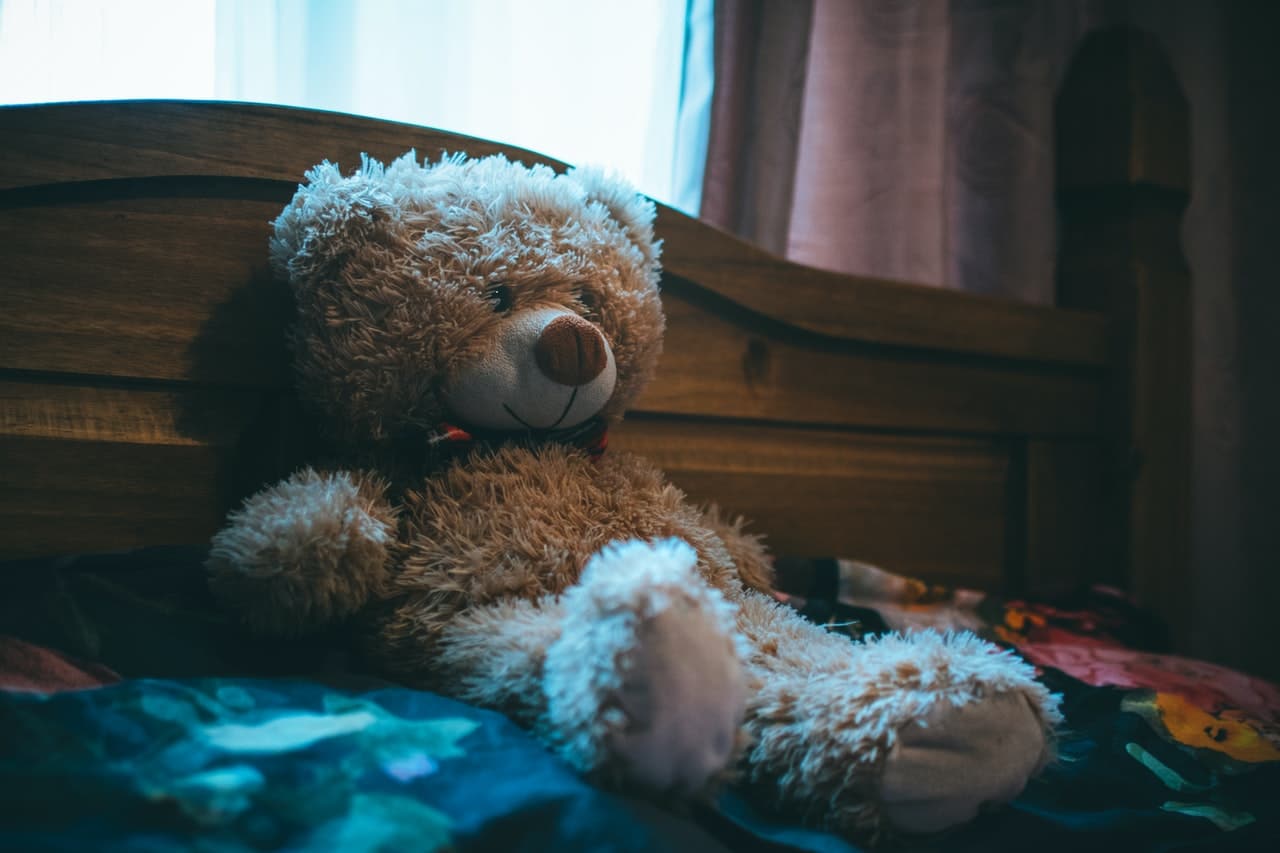 Child's teddy bear on bed