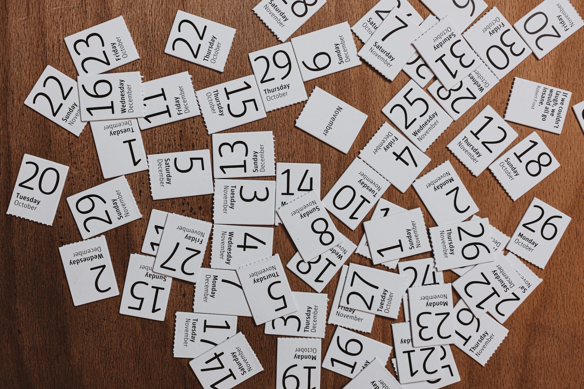 white calendar dates cut into squares